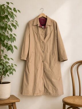 Vintage London Fog Trench Coat 18R Tan A Line Pink‎ Faux Fur Lining Classic Cozy